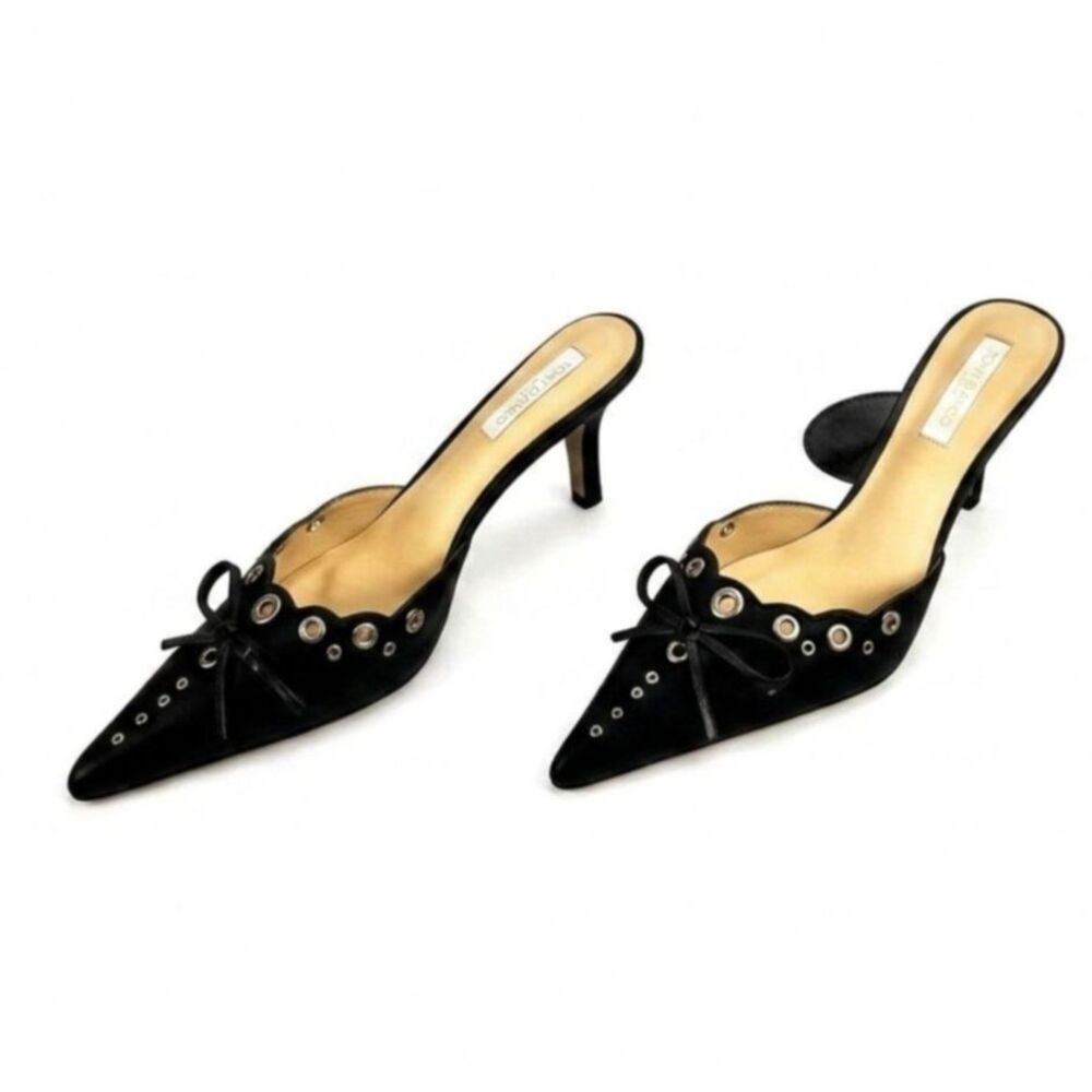 Tony Bianco Shae Black Leather Scalloped Grommet Pointed Toe Mules Heels Size 9